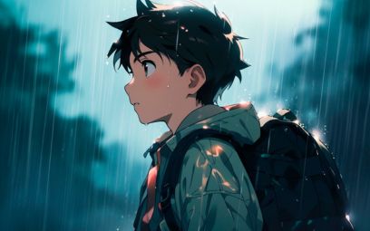 An anime boy with a backpack stands in the rain while a desk with books notes and exam preparation can be seen in the background