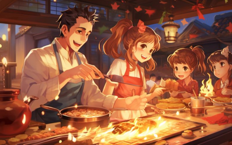 a lively scene with animated characters preparing delicious meals together