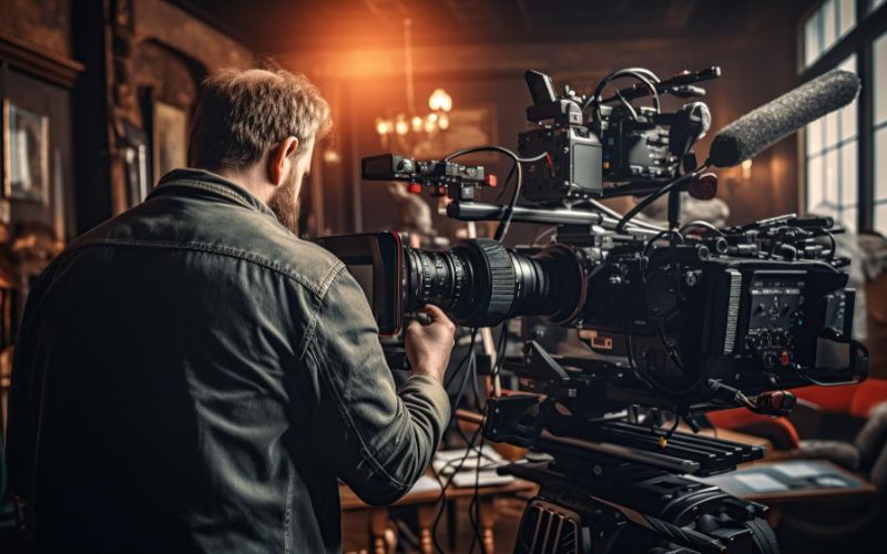 a man with a big video camera in media production studio