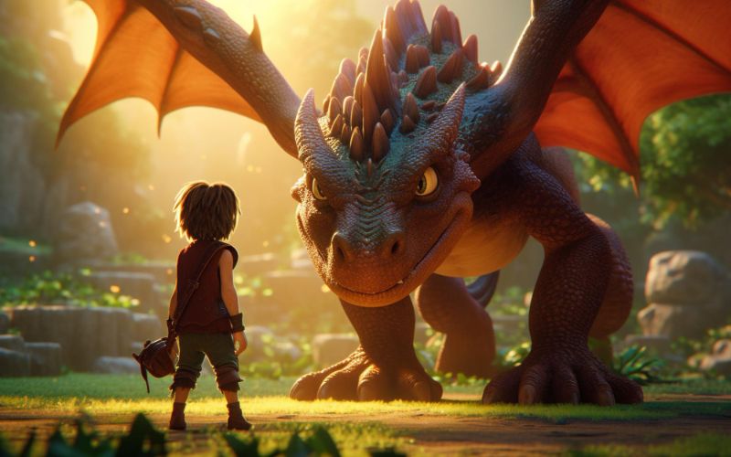 animated red dragon in front of a little boy