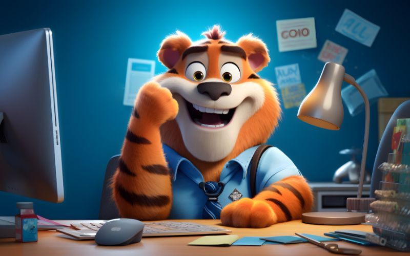 animated tiger in cloths smiling sitting in front of computer with mouse