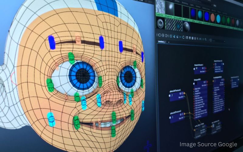 computer animated work with a big human face and eyes