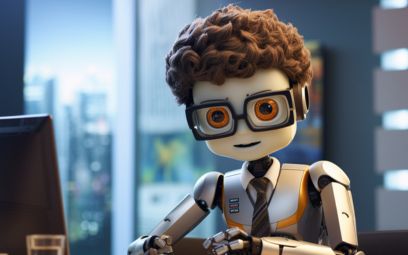 curly hair robot wearing spects wearing in computer